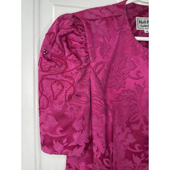 VINTAGE 80'S Barbie Pink Brocade Top Embroidered Beaded Puff Sleeve Sz 16 - Picture 5 of 11